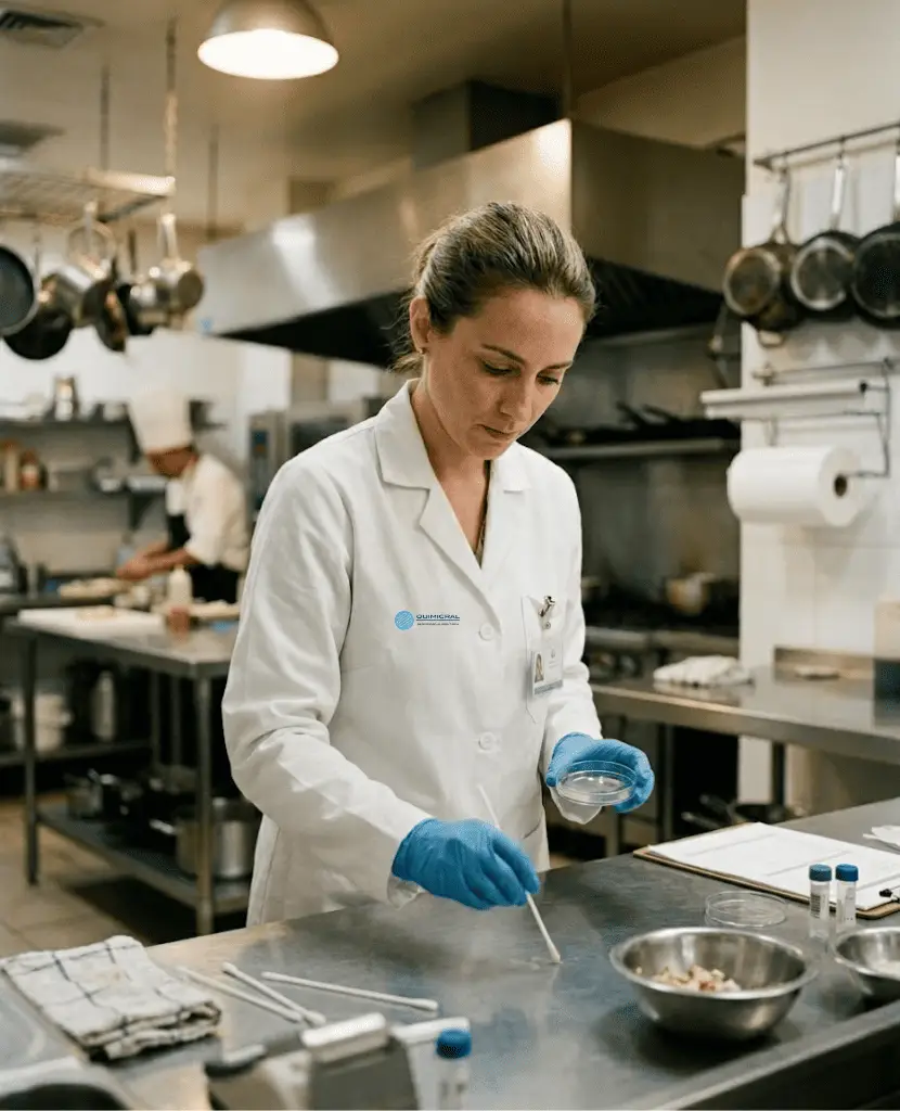Inspectora de Quimicral realizando control APPCC y recogida de muestras en cocina profesional de restaurante